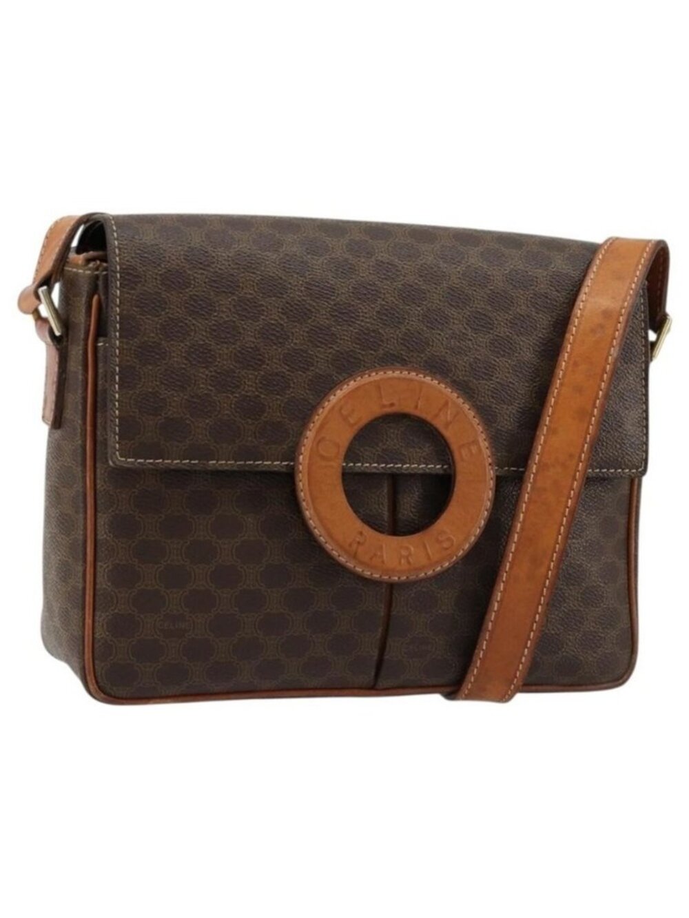 Authentic CELINE Macadam Canvas Shoulder Bag PVC Leather Brown Gold